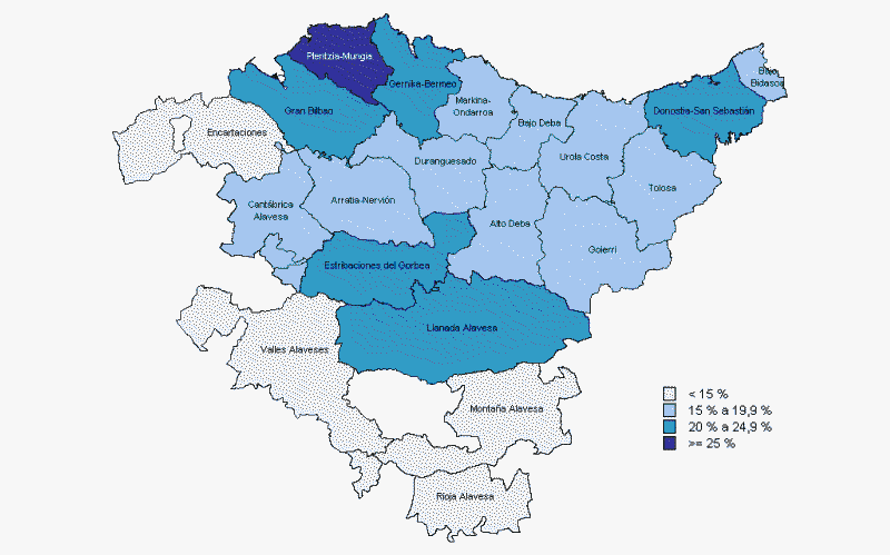 Población de 10 y más años con nivel de instrucción universitario por comarca. C.A. de Euskadi. 2006. %