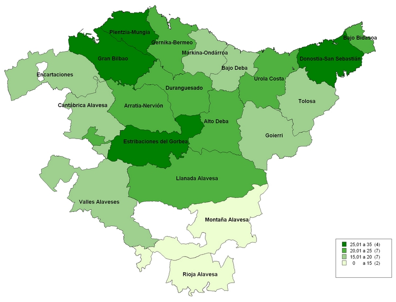 Población de 10 y más años con nivel de instrucción universitario por comarca. C.A. de Euskadi (%). 2011