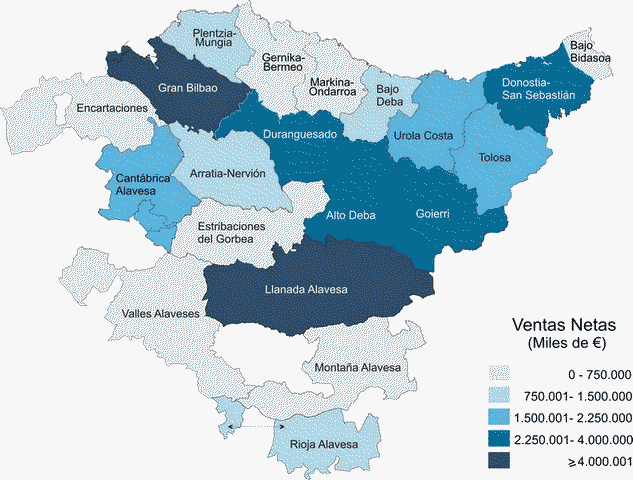Distribución de las Ventas netas de la Industria extractiva y manufacturera por comarcas. 2012. Miles de euros
Fuente: Eustat. Estadística  Industrial de la C.A. de Euskadi