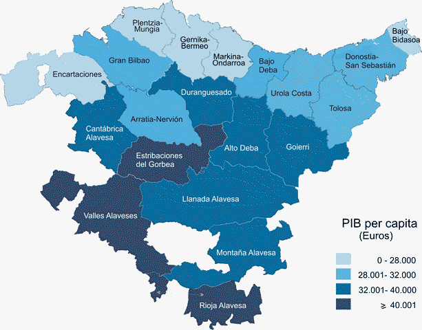 Gráfico 1. Distribución del PIB per cápita por comarcas. Euros. 2012
Fuente: Eustat. PIB municipal