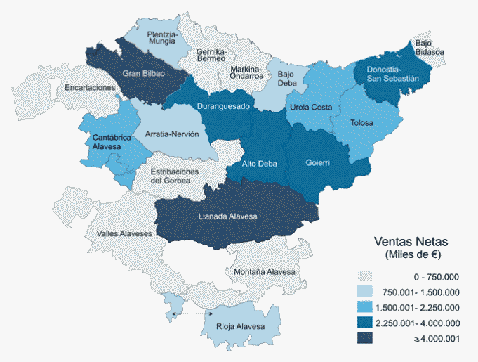 Distribución de las Ventas netas de la Industria extractiva y manufacturera por comarcas. 2014. Miles de euros
Fuente: Eustat. Estadística industrial de la C.A. de Euskadi