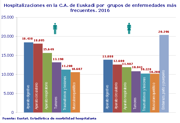 Hospitalizaciones en la C.A. de Euskadi por  grupos de enfermedades más frecuentes. 2016
Fuente: Eustat. Estadística de morbilidad hospitalaria
